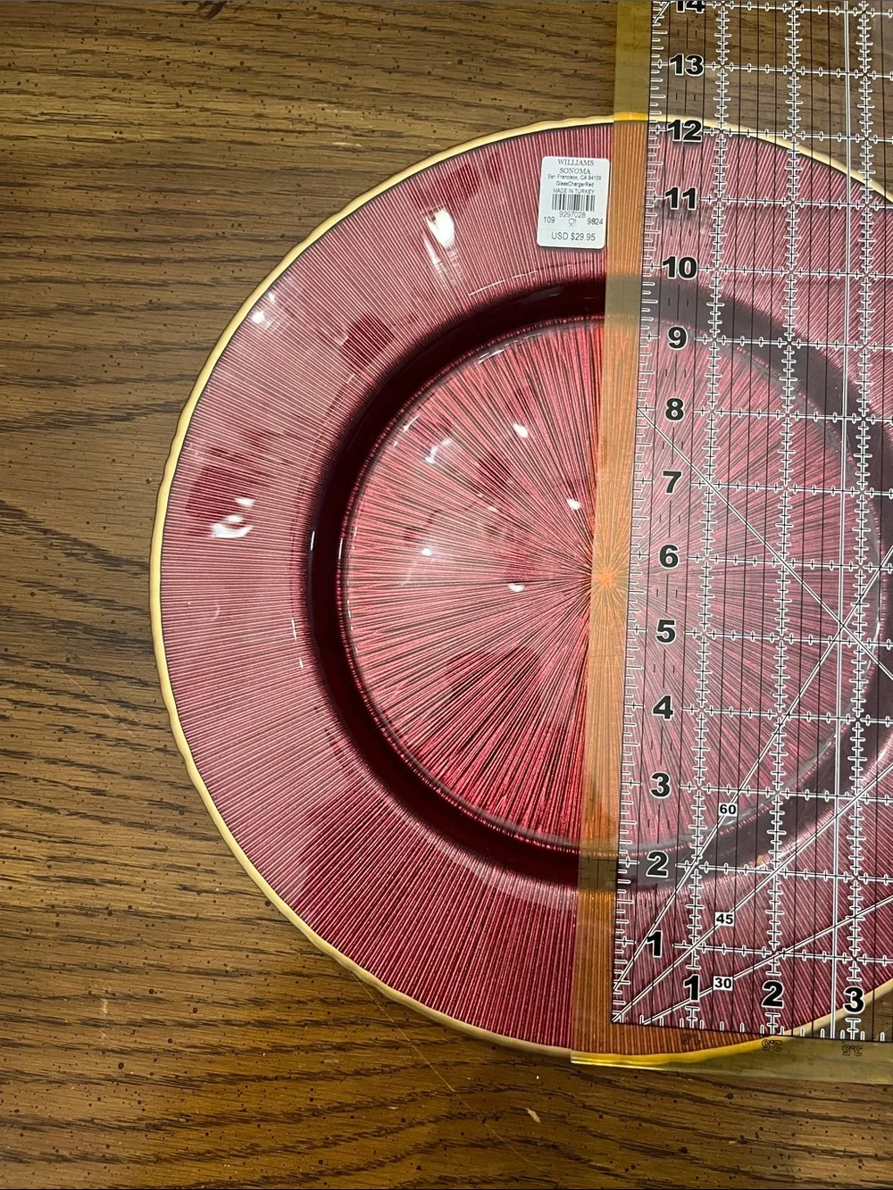 Williams Sonoma Red Charger Glass Plates with Gold Trim, new with tags